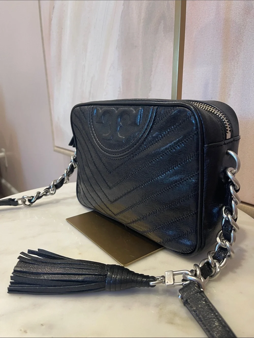 Tory Burch Black Leather Chevron Crossbody with Tassel